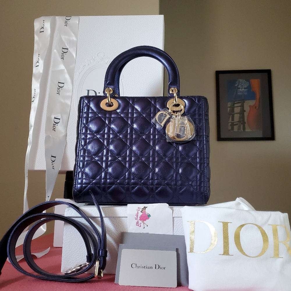 Lady dior iridescent blue gold hardware med.ium bag